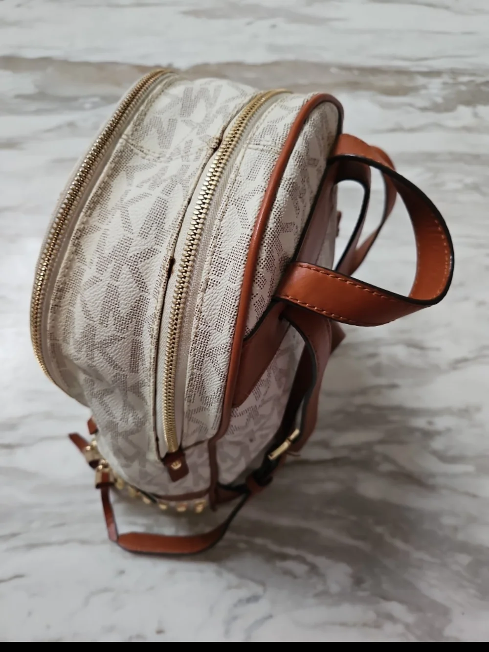 Michael Kors Cream Logo Mini Backpack with Gold Studs